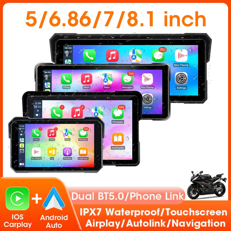 

5/6,86/7/8,1-дюймовый мотоциклетный экран, беспроводной CarPlay, Android, автонавигация, Bluetooth, мультимедийный плеер, водонепроницаемый мотоциклетный монитор