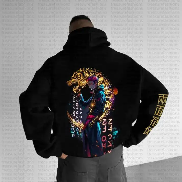 طقم بنطال كيميتسو نو يابا القطني بغطاء للرأس للرجال كبير الحجم مطبوع عليه شيطان القاتل ملابس كاجوال مقاس كبير #1