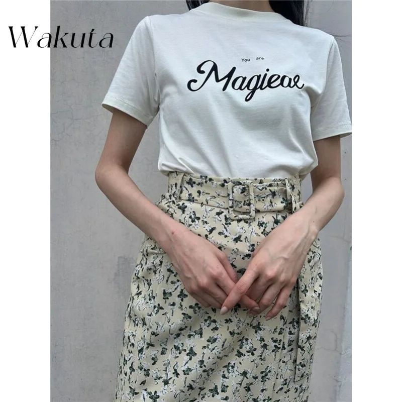 Wakuta Japanese Simple O Neck Short Sleeve Solid T-Shirt Fashion Casual Letter Printed Short Sleeve Top Футболка Смешная Y2k Top