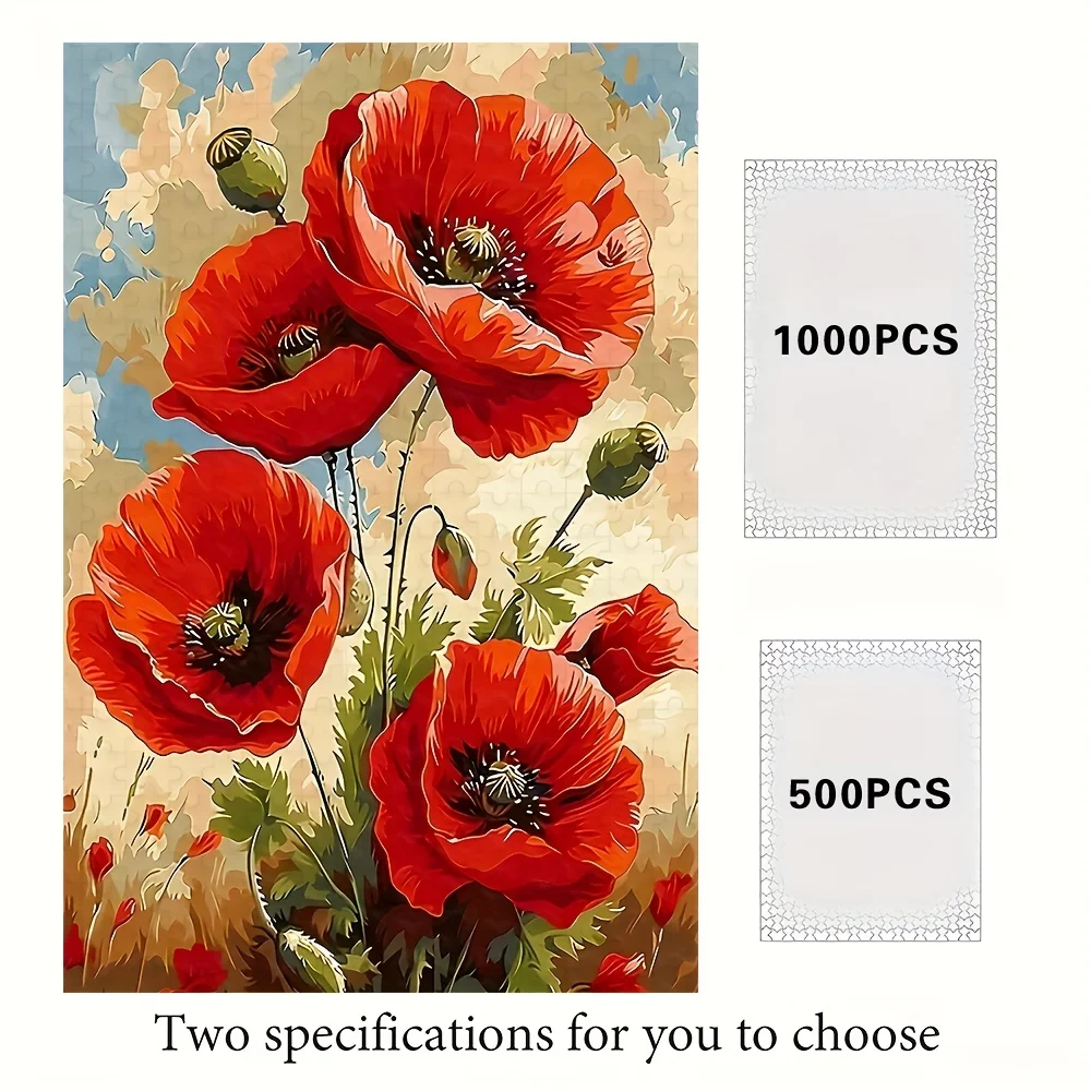 500/1000 قطعة لغز كبير للبالغين - حقل زهرة الخشخاش الأحمر والخشخاش الأبيض مع النحل، قطع تشيعة المكعب 5D/6D، #1