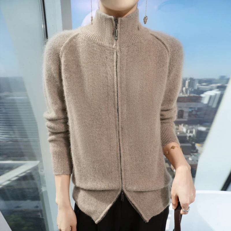 Otoño Invierno suéter grueso con cuello levantado y cremallera cárdigan suelto para mujer estilo occidental Top de lana de Color sólido Base de punto