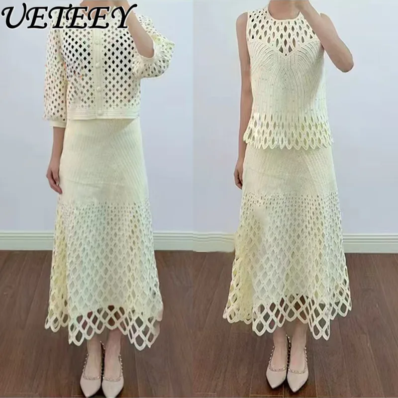 

2026 Spring/Summer New Diamond Mesh Hollow Design Heavy Rhinestone Round Neck Knit Cardigan + Vest + Long High-Waisted Skirt Set