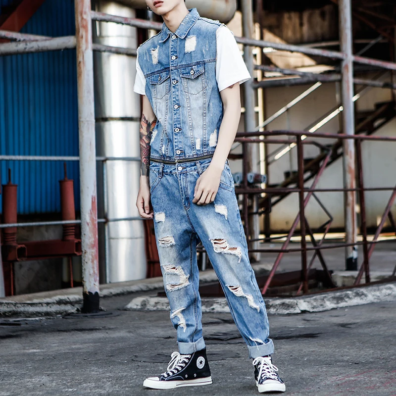 

Мужской летний легкий джинсовый комбинезон с рваными элементами в стиле хип-хоп, молодежный повседневный комплект
