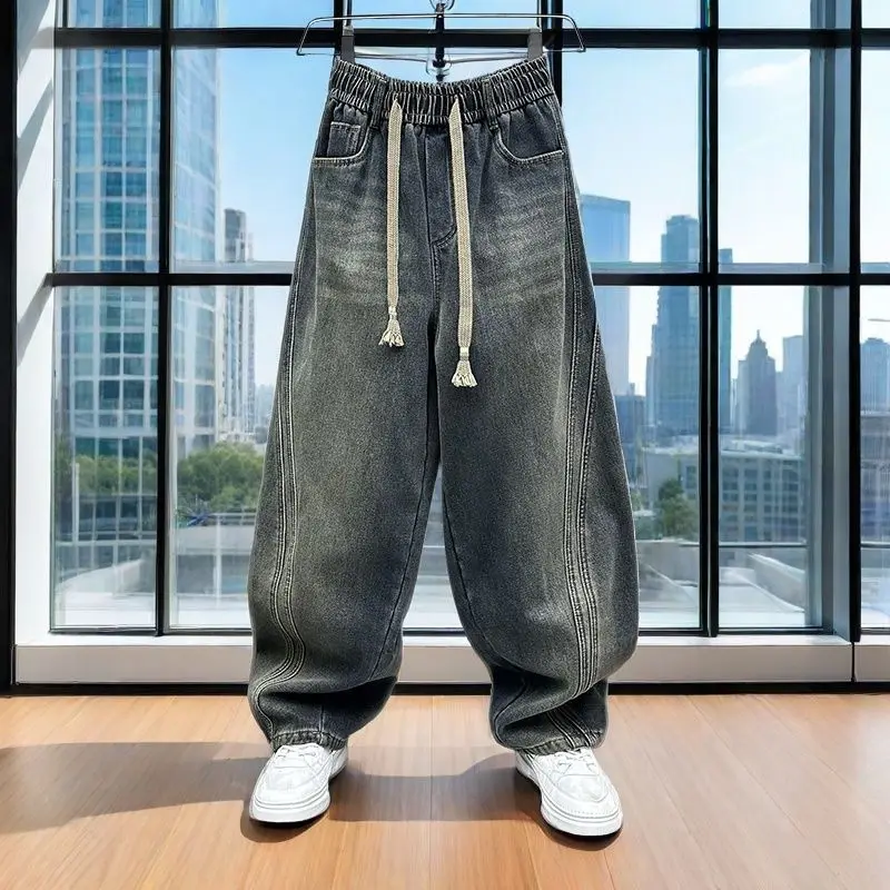 Jeans Trendy Brand Japanese Retro Old Men's 2026 Autumn Loose Large Size Baggy Loose Harem Drawstring Wide Leg Casual Dad Pants