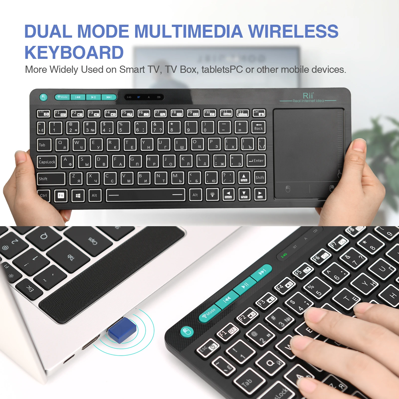 Rii K18S Wireless Backlit Russian Mini Bluetooth Keyboard  with Multi-Touch For Smart TV Android TV Box,IPTV HTPC,PC