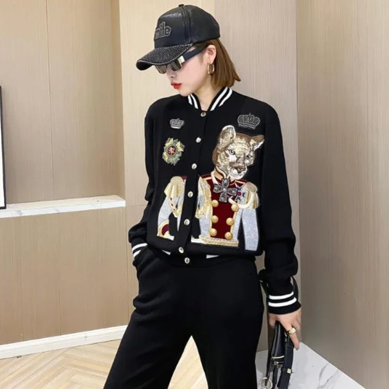 Women Spring Autumn Dog Embroidery Baseball Coat Contrast Color Beaded Bomber Jacket Single Breasted Cardigan Sports 2pcs Suit