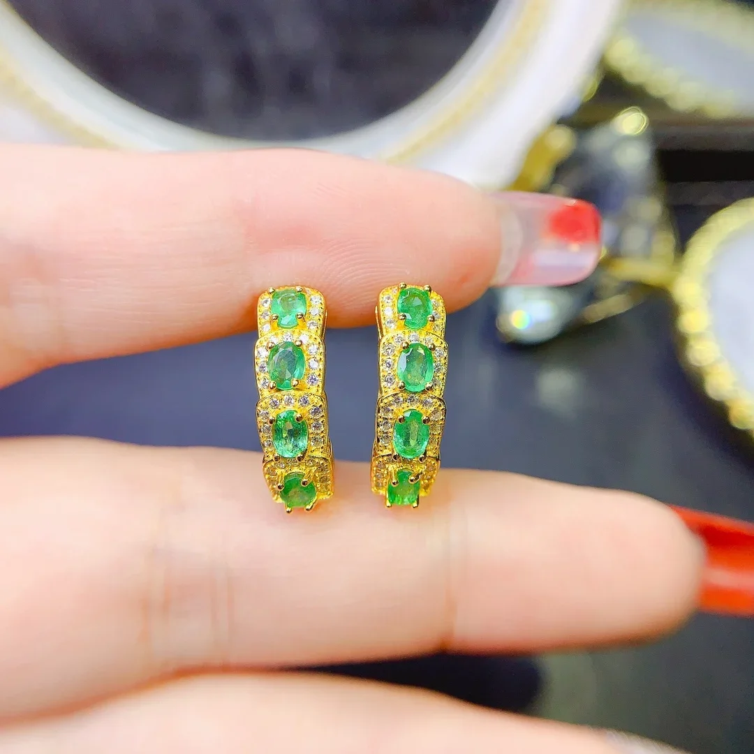 S925 Sterling silver natural emerald earrings one of the four international precious stones of high quality jewelry