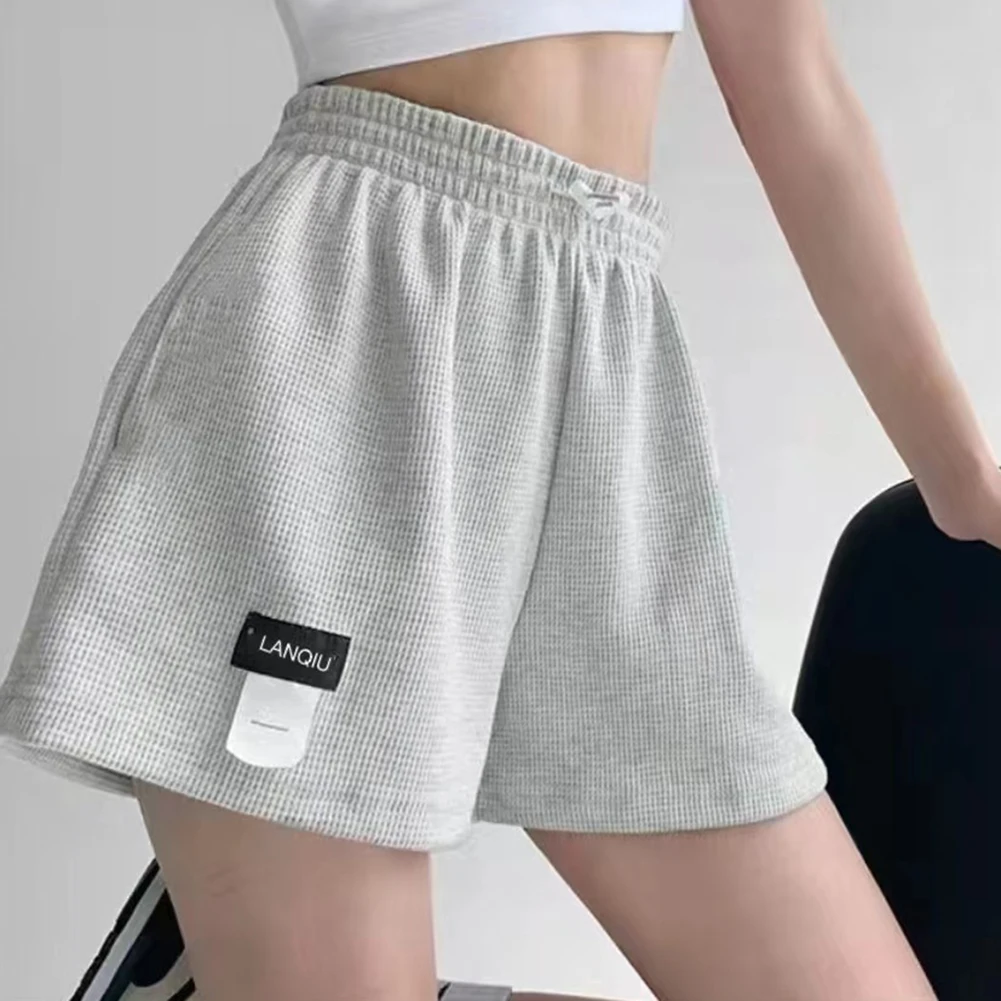 女性弾性ウエストワッフルワイドレッグショートパンツレディースカジュアルハイウエストストレートスポーツショーツ無地