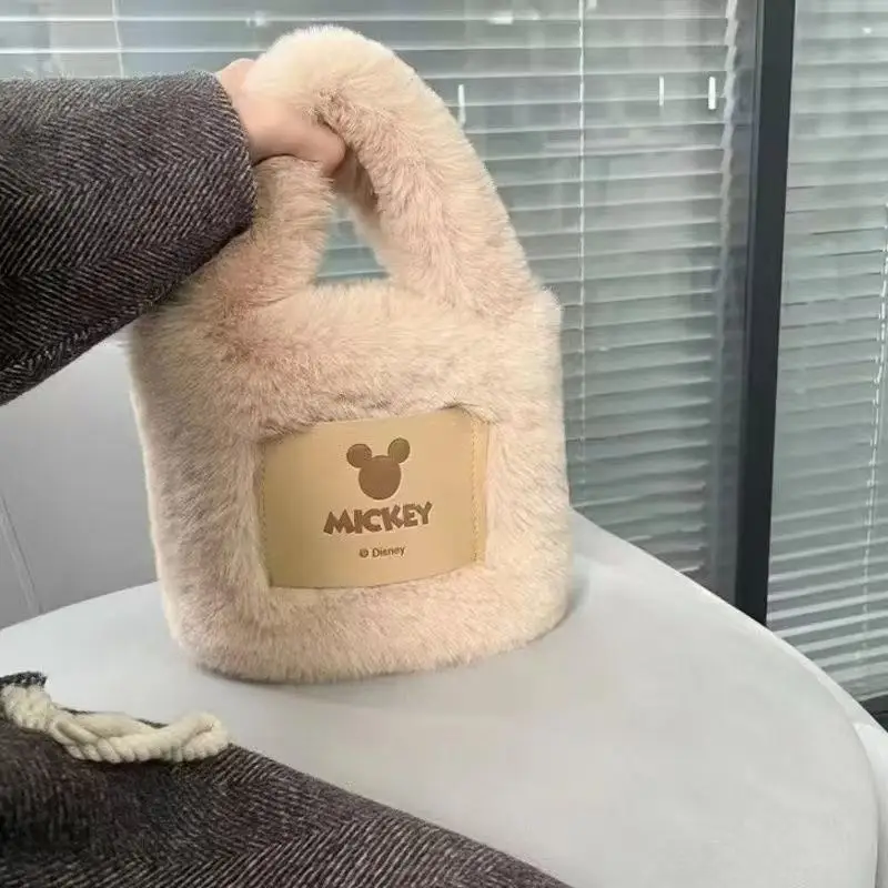 Bolso tipo cubo de piel sintética de Mickey Mouse, bolso cruzado de moda de invierno, bolso de hombro de felpa suave de gran capacidad para mujer