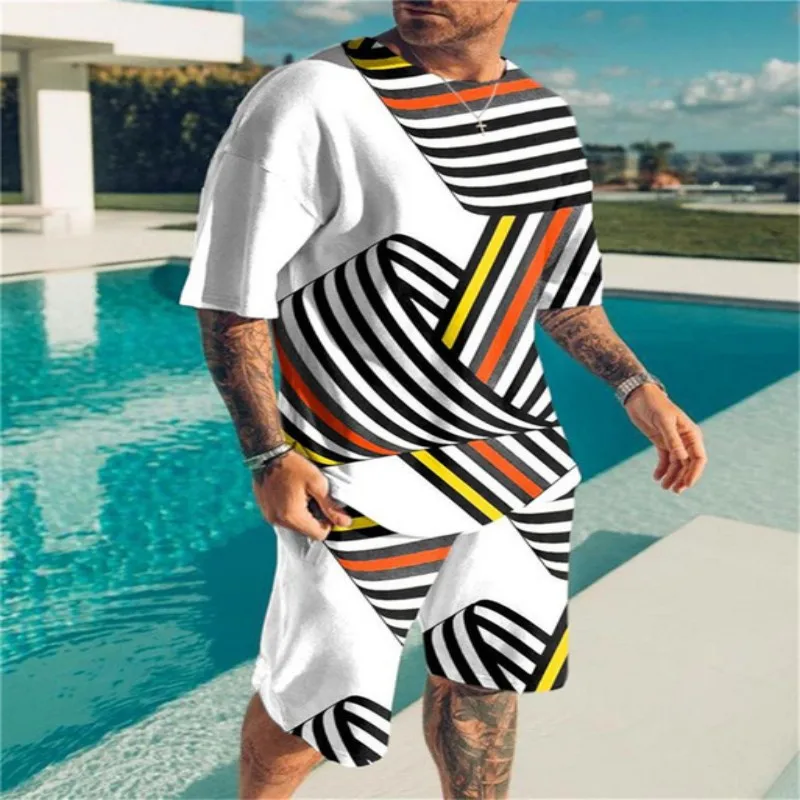 Summer Beach Men\'s Tshirt Set 3D Print Geometric Pattern Men Woman Round Neck T-Shirt Shorts Two Piece Set Casual Man Clothing