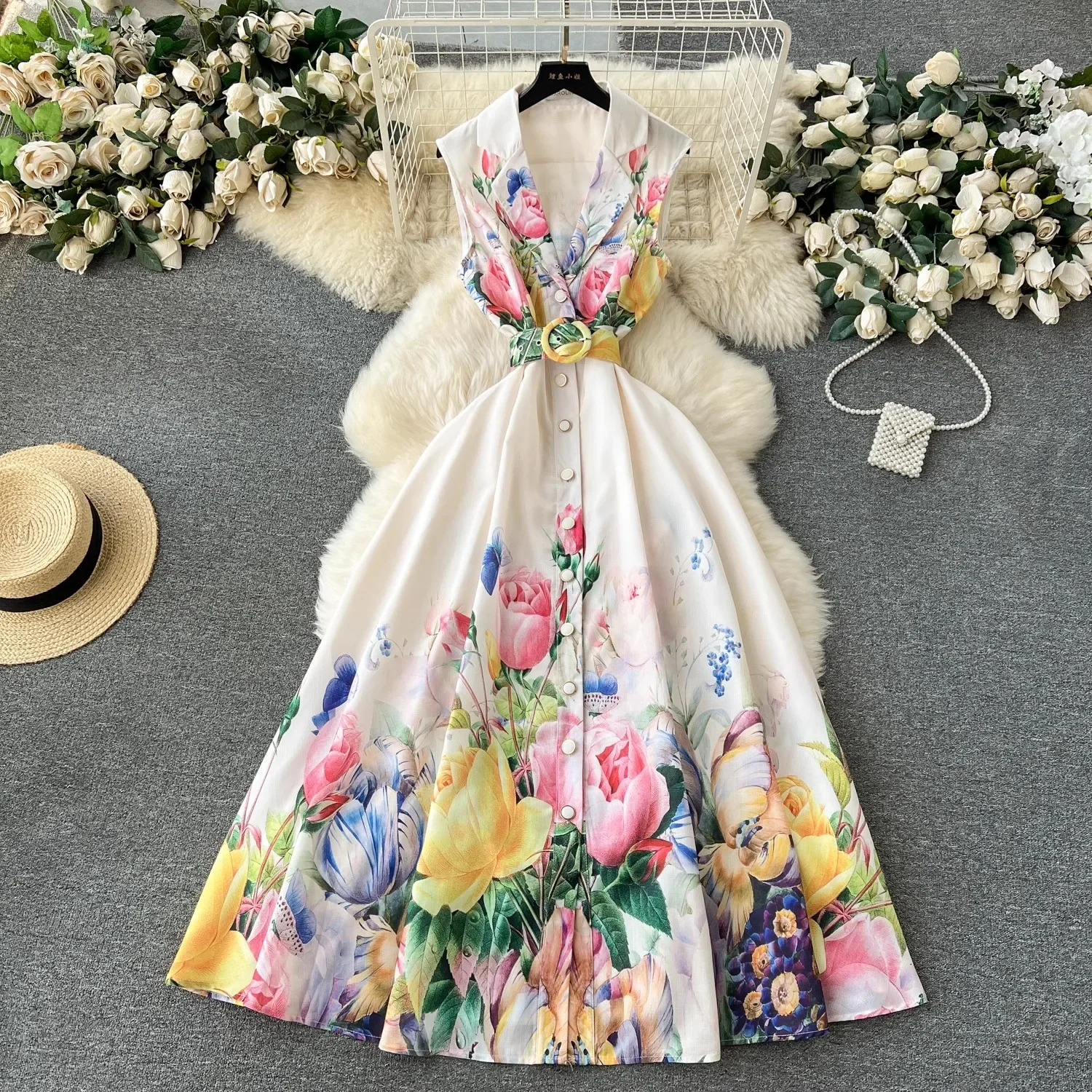 

TRAF Summer Elegant Floral Print Long Dress Women's Notched Sleeveless Single Breasted Belt Office Party Vestidos Linen Clothing