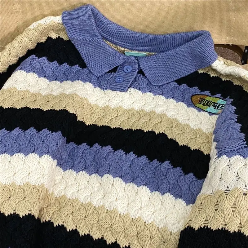 Colorblock twist POLO collar knitted sweater for women in autumn loose design color label top Japanese style gentle style jacket