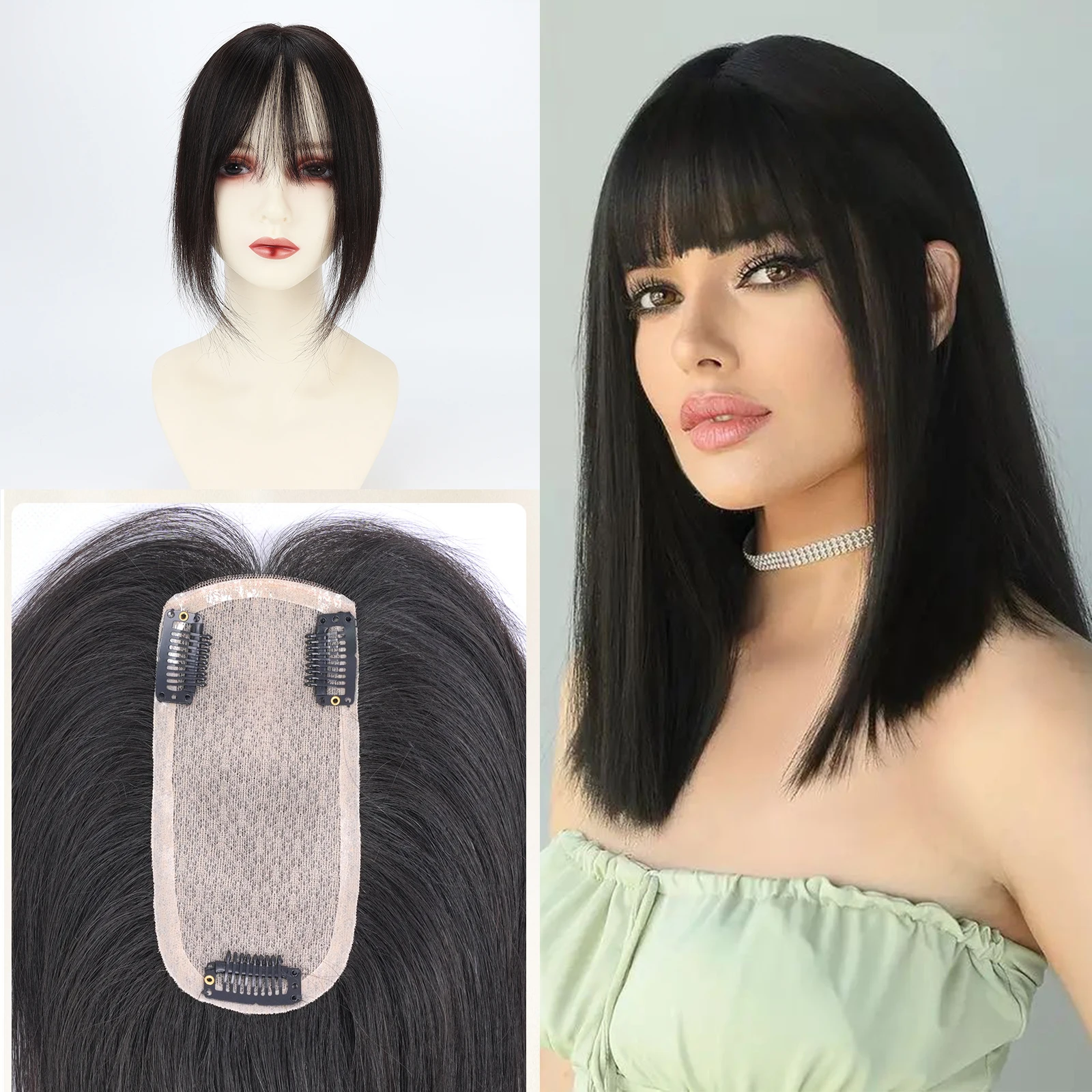 

5x13cm Silk Base Topper with Clips in Full Hand Tied Virgin European Human Hair Toupee with Bangs Straight Natural Black Hair