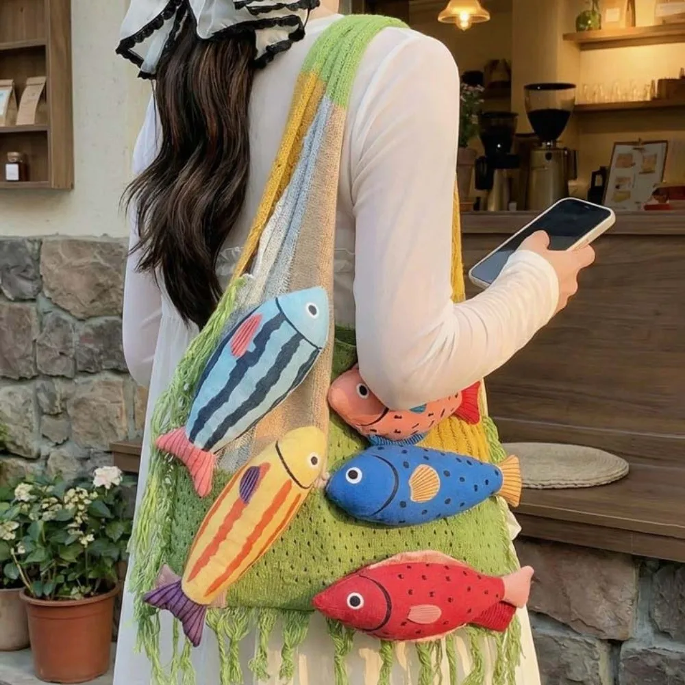 

Летняя хлопковая вязаная сумка через плечо с узором «рыбка», большая вместительная ажурная плетеная сумка, модная простая пляжная сумка с кисточками для девочек