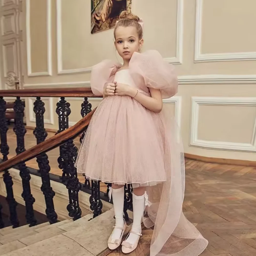 Customized Dusty Pink Flower Girl Dress Short Sleeves Tulle Shawl Wedding Dress  for Formal Events First Communion