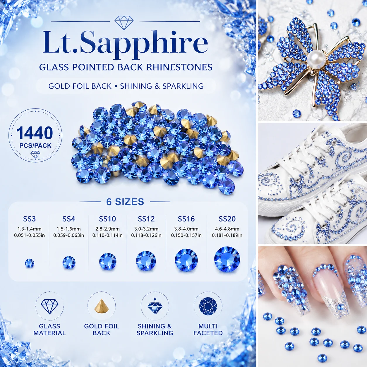 1440Pcs Golden Back Rhinestones SS4-SS20 Lt.Sapphire Aquamarine Peocock Blue Crystal Gems for Nail Art Clothes Bags DIY