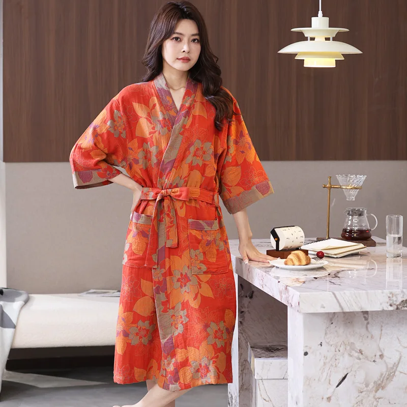 Cotton Bathrobes for Ladies Spring and Autumn National Style Home Wear Quick Drying Water Absorbing Bathrobe Women