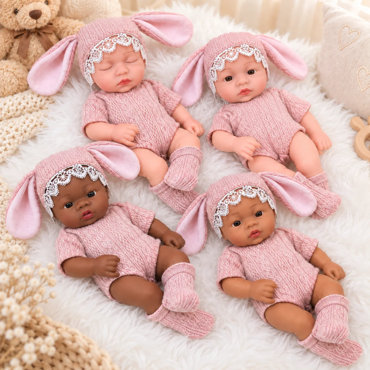 8 Inch 20cm Mini Reborn Baby Doll Realistic Doll Washable Dress Up Doll Pink Bunny Outfit Hat Socks Toys Birthday Christmas Gift