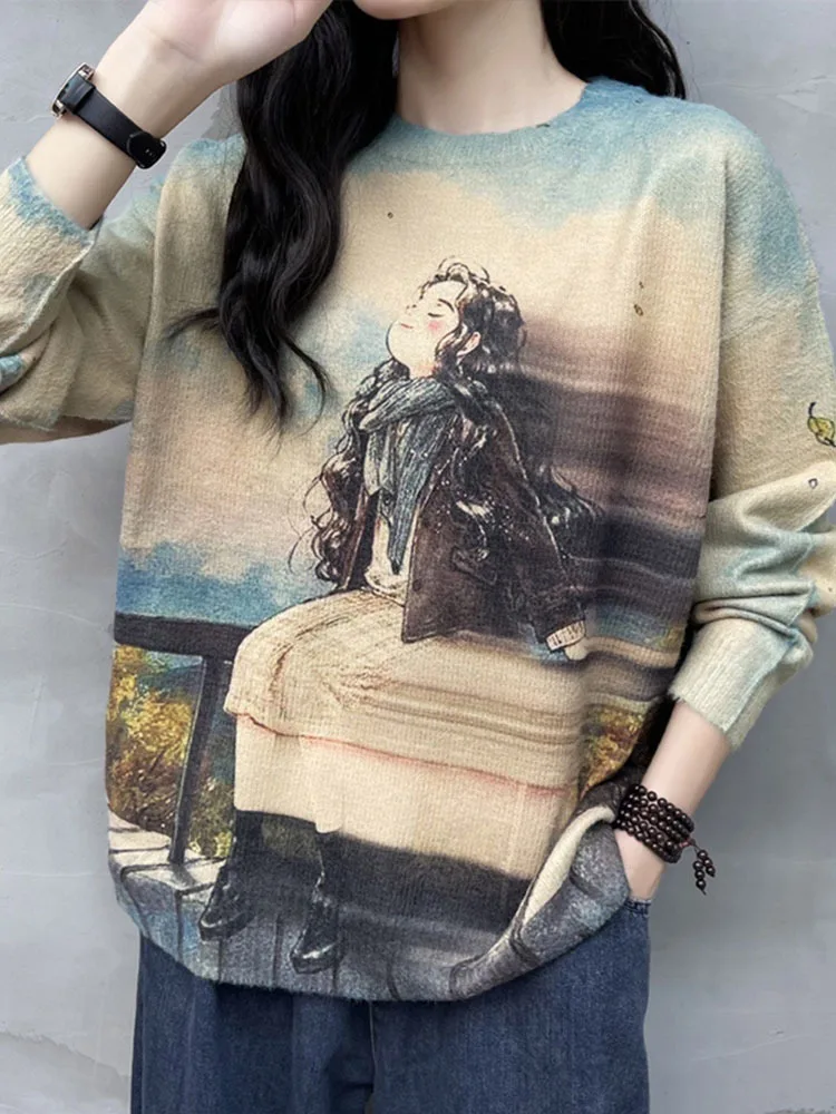 Max LuLu 2023 Autumn Fashion Cartoon Knitted Jumpers Womens Loose Printed Leisure Sweaters Ladies Warm Cotton Vintage Pullover