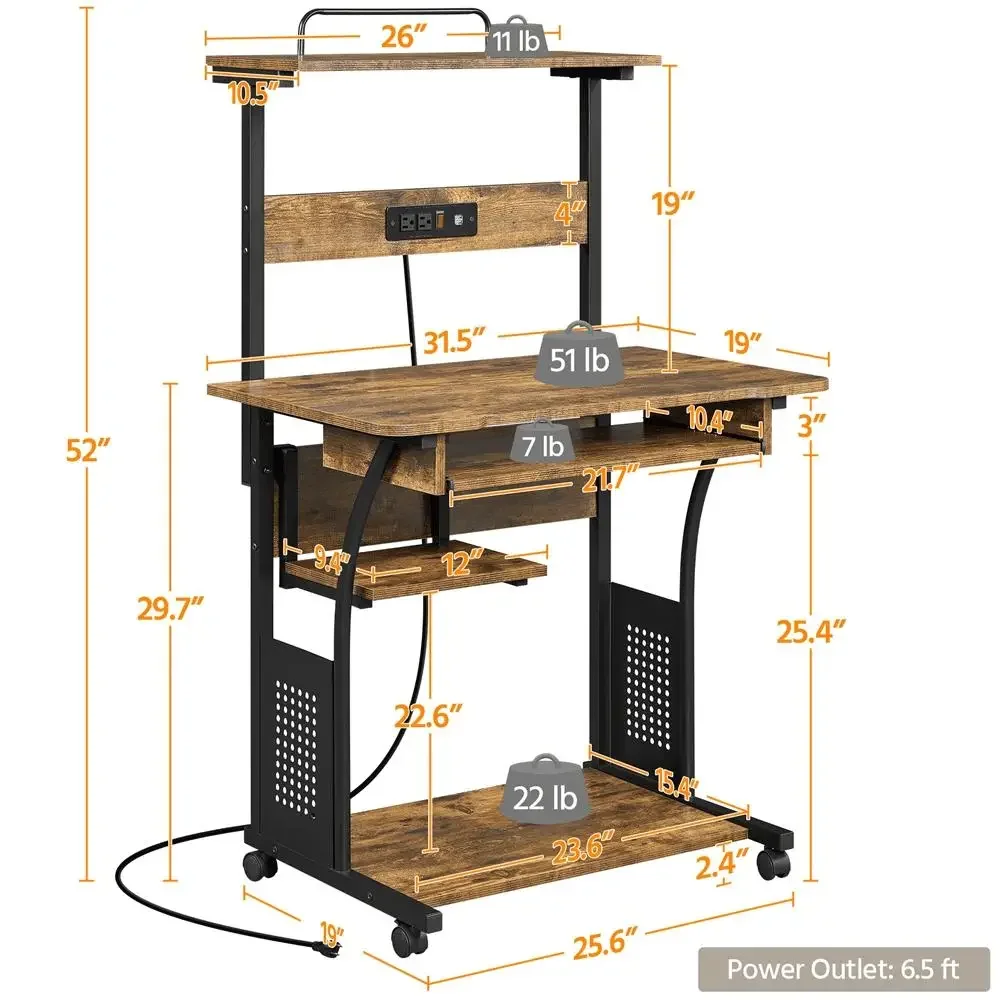 Estação de carregamento de mesa de computador de 3 camadas Prateleira de impressora Home Office Alden Design Rústico Marrom Multi-funcional Sólido Durável Rolamento