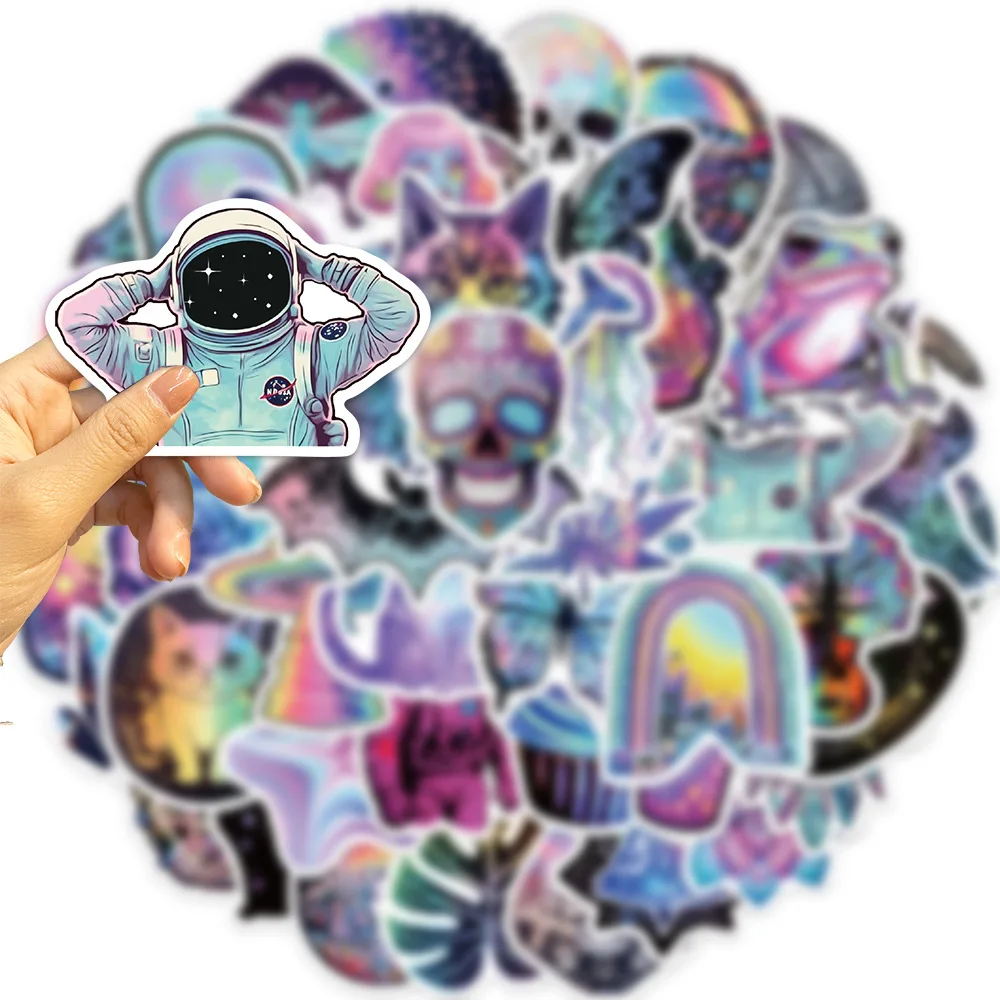 10/50pcs Cool Cartoon Laser Holographic Trippy Skull Stickers For Laptop Phone Guitar Luggage Diary Waterproof Graffiti Decals