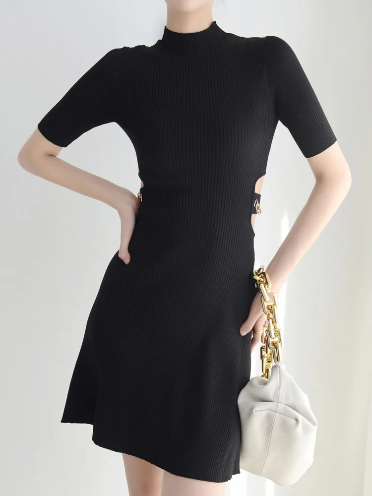 CHUJIE Feminino 2025 Verão Estilo Francês Malha Mini Vestido - Sexy Cintura Recorte Manga Curta Com Tecido Refrigerador