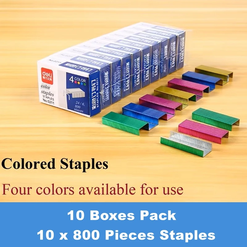 10 Boxes 8000 Staples Deli 0211 Colored Staples 24/6 Standard 12# Universal Binding Staples 25 Sheets Capacity 4 Colors Mixed
