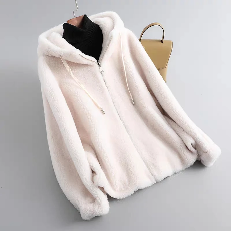 Lambswool Teddy Coat Women Hooded Women Jacket with Zipper CX-G-T-33C