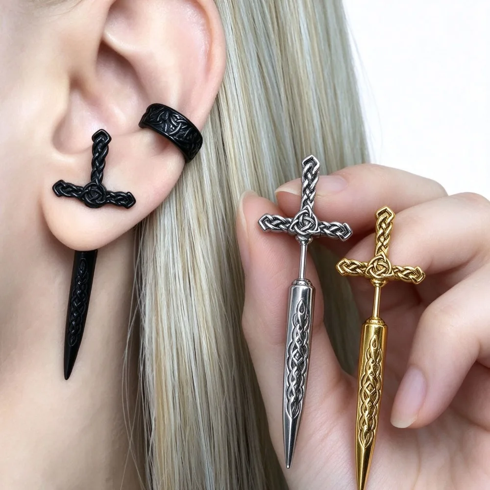 Dark Goth Punk Sword Dagger Ear Jacket Stud Earrings Unisex Men Women Daily Party Holiday Piercing Jewelry Gift