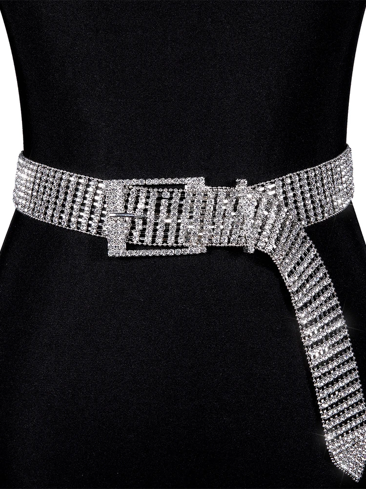 Luxury Shiny Brand Women's Rhinestones belt bright Bride Bling Crystal Diamond Belt Sliver Wedding Party Wide Long Chain belt