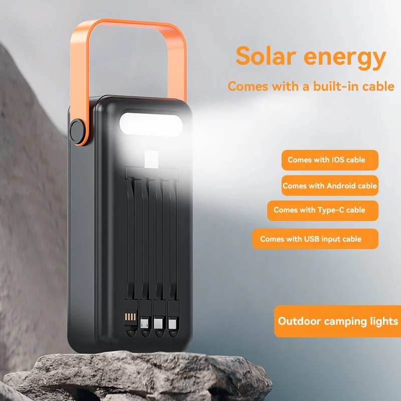 100000mAh Solar Panel Power Bank Fast charging Comes with Four Wire External Battery Pack with Flashlight For Outdoors