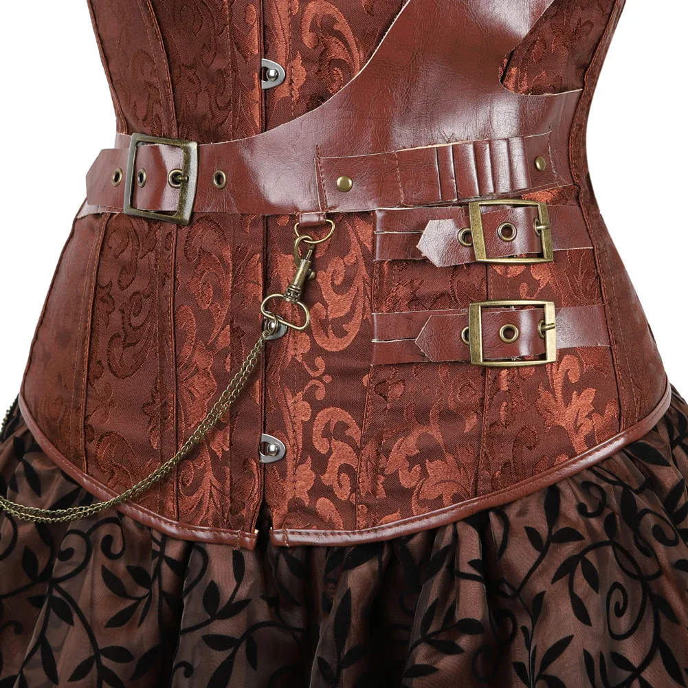 Women\'s  Corset Dress Sexy Gothic Victorian Steampunk Leather Overbust Corsets and Bustiers Skirt Party Waist Trainer Plus Size