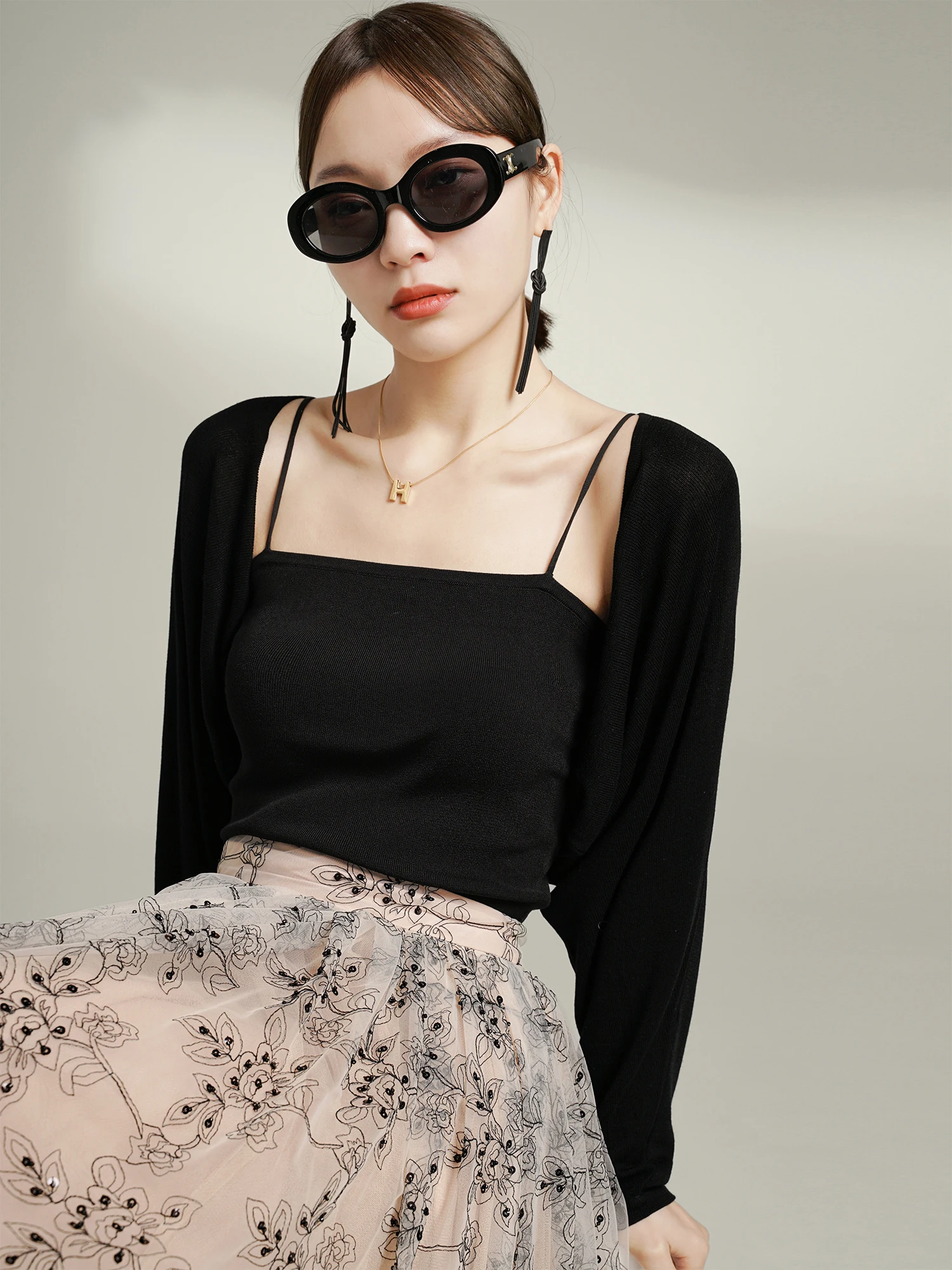 

GONGJIU Bla Lace-Up Tank Top Thin Bat Knitted Open Cardigan Women's Sle Commute Faion ort Length Color