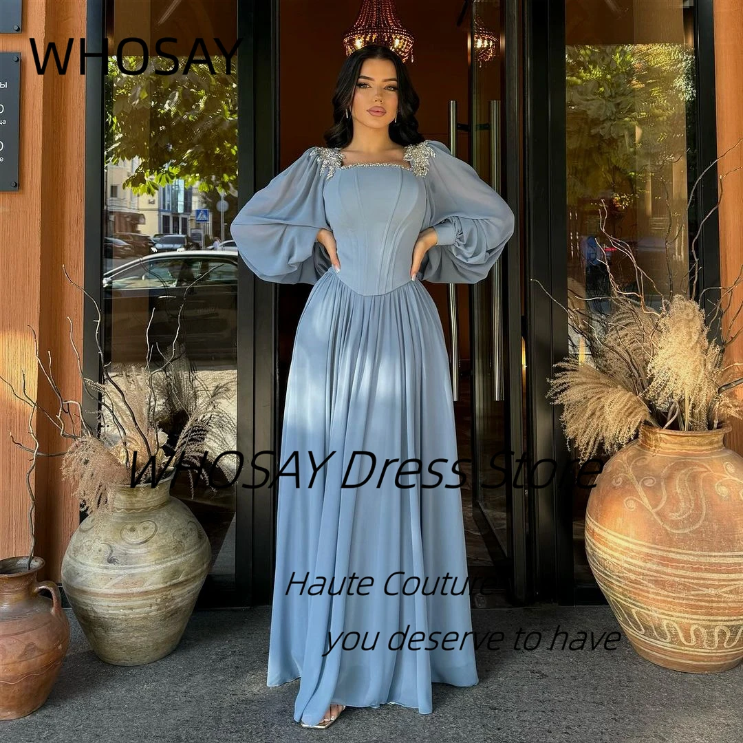 WHOSAY Custom Beaded Square Neck Evening Dresses 2025 Long Sleeves Lace Up Back Prom Dress Saudi Arabia Special Banquet Gowns