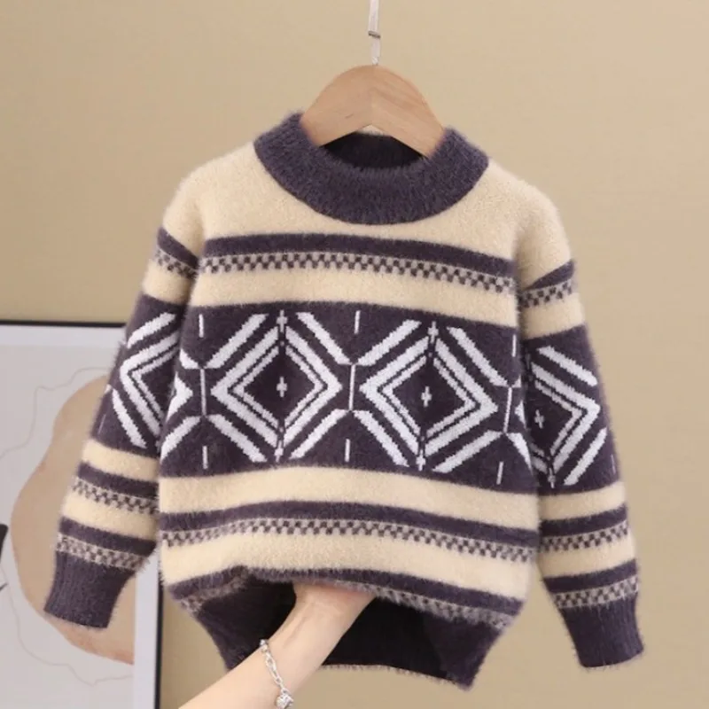 Thickened Mink Cashmere Sweater for Boys 2025 Winter Bestseller, Warm Knit Crewneck Sweater for Medium Kids Autumn Winter