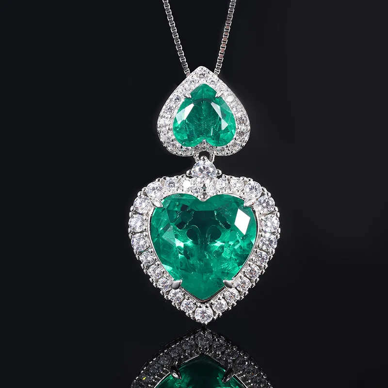 Jewelry S925 Silver Emerald Green Heart-Shaped Full Diamond Fashion Retro Set for Women 15*15