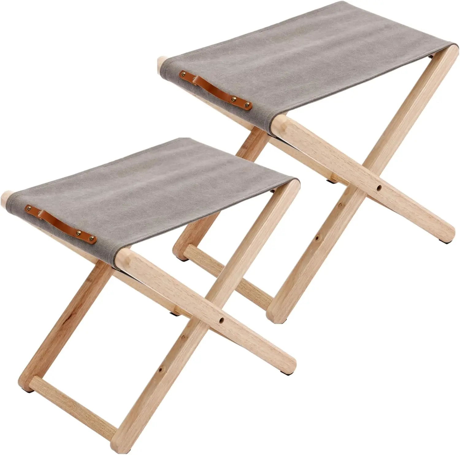 Folding Canvas Camp Stools Set of 2, Wood Folding Camping Stool Patio Portable Folding Foot Stool Slacker Chair for Garden Outdo