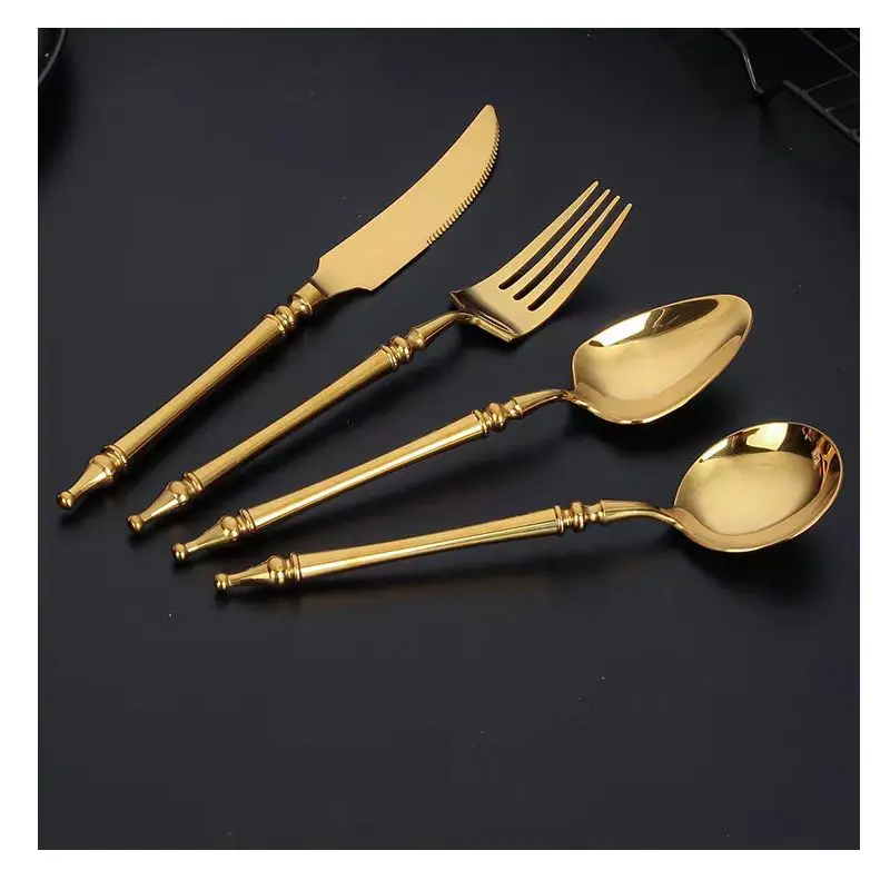 

304 Stainless Steel Steak Knife, Fork and Spoon Set of Four Gold Scandinavian Western Dinnerware Set Soup Spoon and Fork