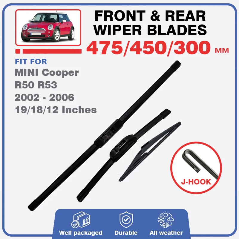 

For MINI Cooper R50 R53 2002 - 2006 Front Rear Wiper Blade Window Windscreen Windshield Brushes Fit U Hook Arm Cover Refill 2005
