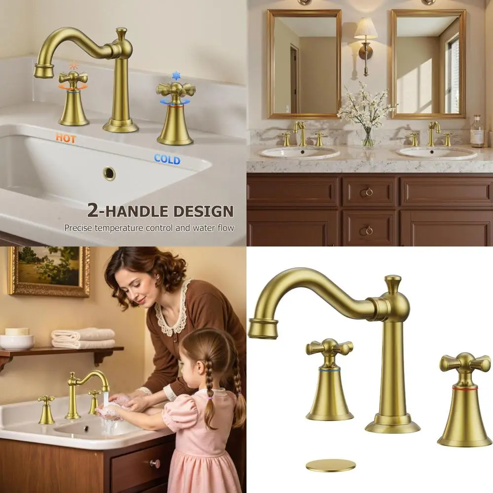 

8 Brushed Gold Widespread Sink Faucet with 3 Holes, Vintage Cross Handles, Metal Pop-Up Drain & Hoses for Vanity, RV, Farmhouse