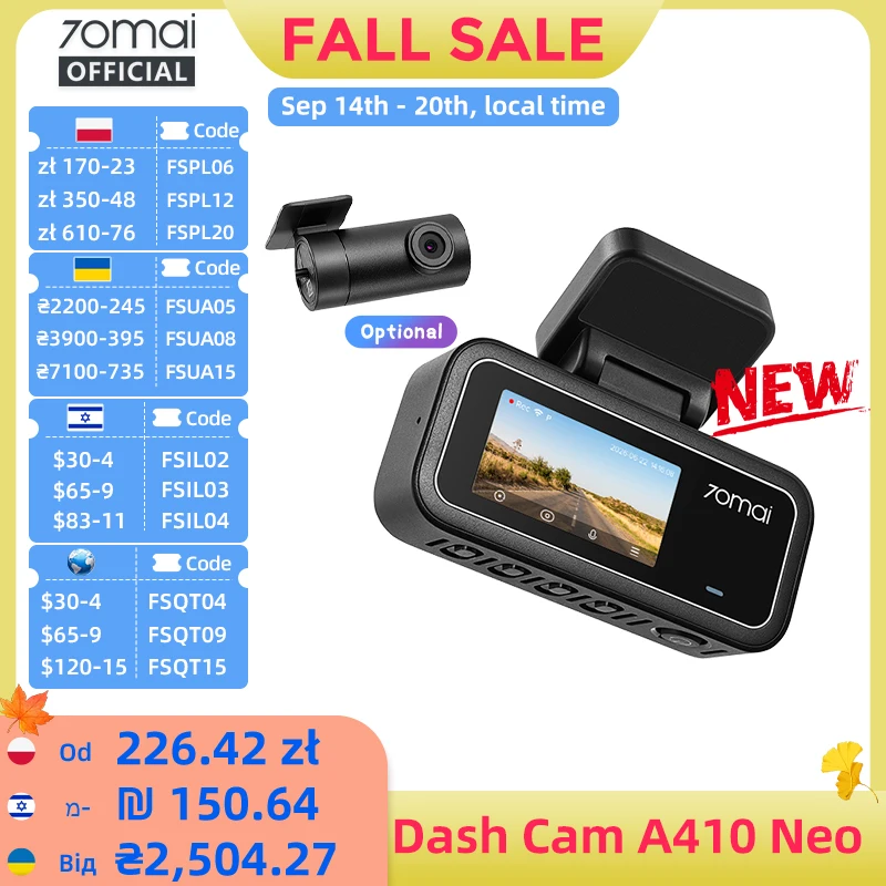 【New】70mai Dash Cam A410 Neo 2.5K HDR+1080P Supercapacitor F1.6 Aperture GPS 24H Parking Max 256GB Car DVR 70mai A410 Neo