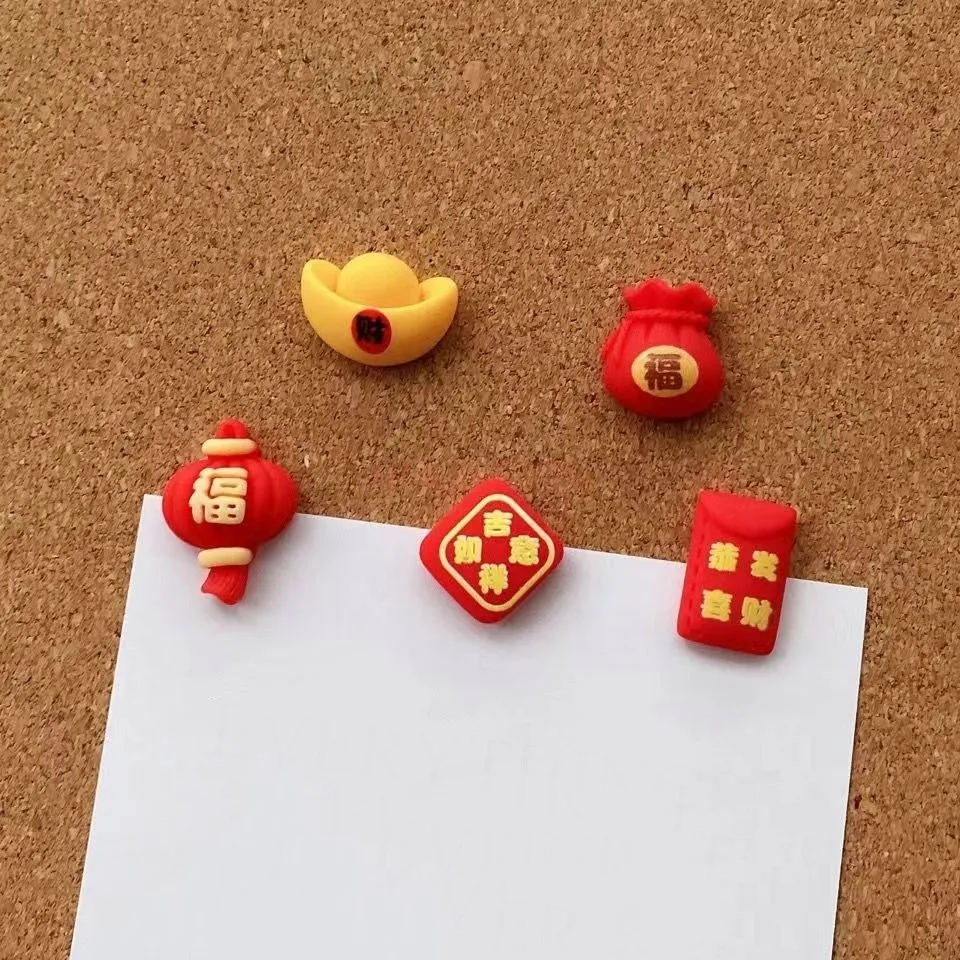 10pcs New Year's Thumb Cute Cartoon Red Lantern Yuanbao Fortune Bag Cork Felt Photo Wall Decoration Button