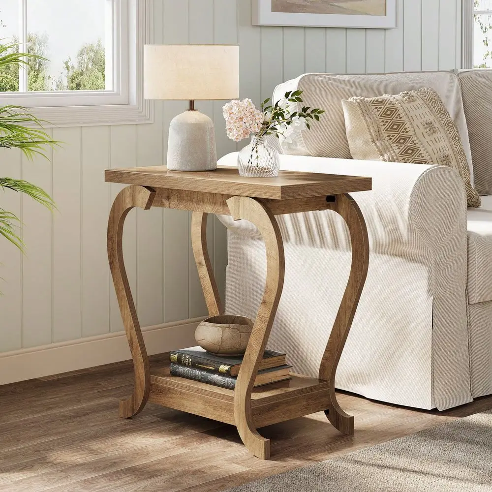 

End Table, Narrow Wood Side Table With Storage Shelves, 2Tier Bedside Accent Furniture For Living Room, Small Spaces, Bedroom,
