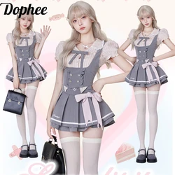 Dophee Preppy Style Summer Three-piece Set Puff Short Sleeve Stripes Shirts Tops + Grey Vests Coat + Pleated Short Skirt Suits