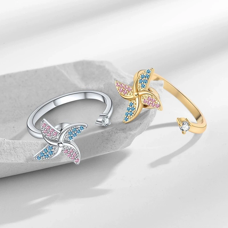 Spinning Windmill Fidget Rings mable Open Adjustable Ring for Women Unique Light Luxury Stress Relief Jewelry Gift