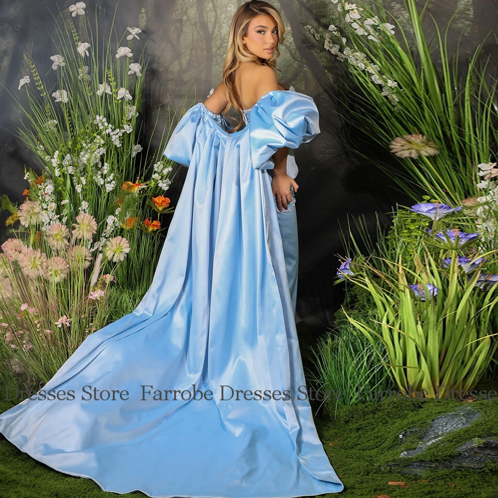 Luxurious Women's Evening Dresses Satin Column Celebrity Dress Sky Blue Sweetheart Beads Pearls Cloak Puff Sleeve Prom Dresses