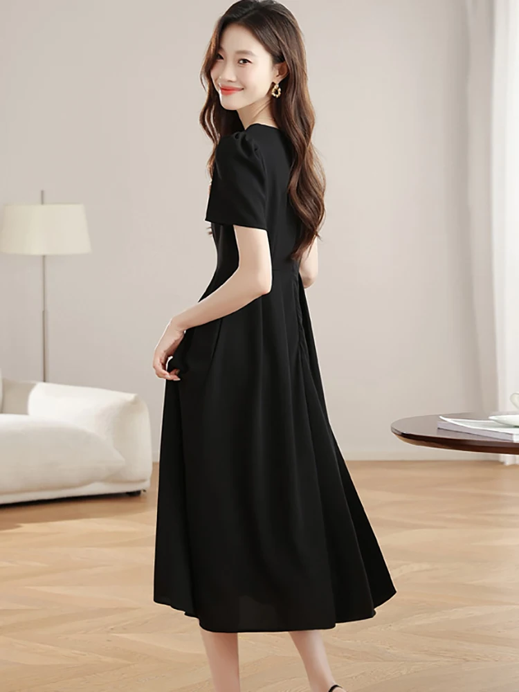 여성 한국 빈티지 헵번 프롬 드레스 여름 블랙 플리츠 바디콘 오피스룩 드레스 2025 신상 우아한 캐주얼 페스티벌 드레스