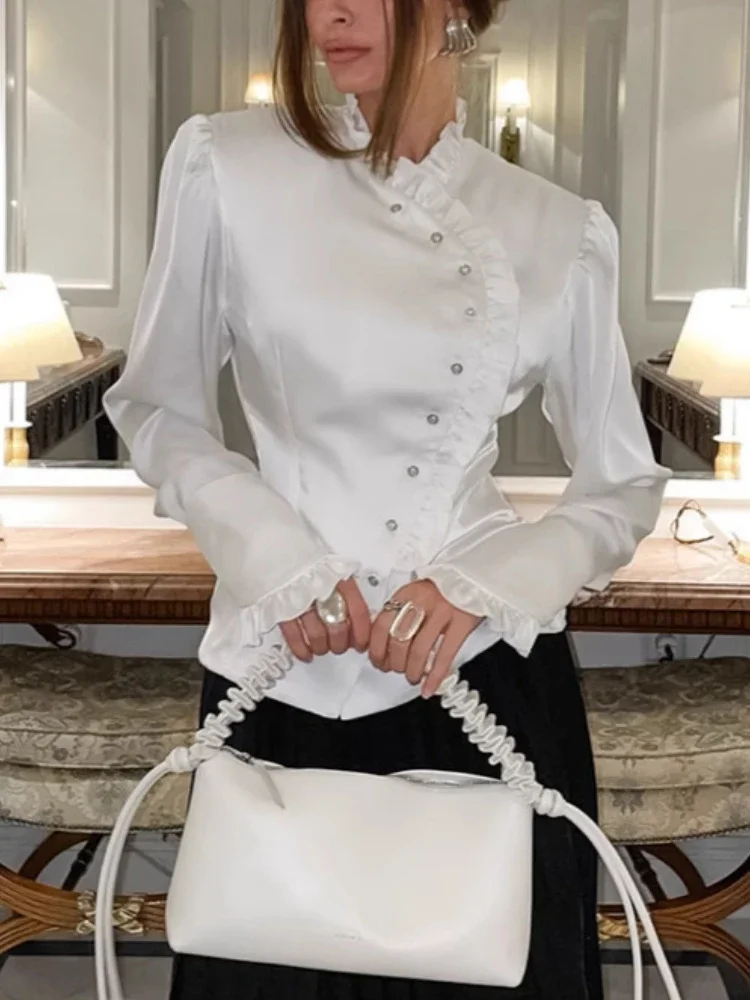 

2026 Spring New Women's Fashion Casual Ruffle Long Sleeve Women's Shirt Elegant Solid Color Commuter Top