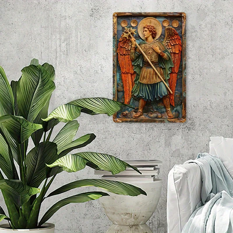 لوحة فنية جدارية من الألومنيوم من Archangel Michael Vintage، لافتة معدنية قديمة للمنزل والمرآب وديكور المقهى والحديقة - هدية مثالية للعطلات