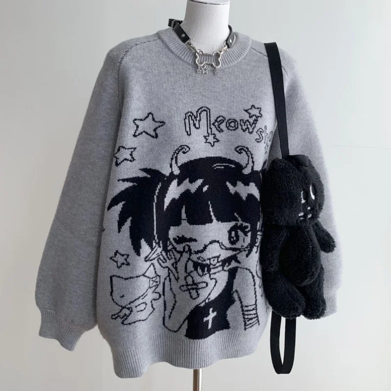 Sweet Cute Manga Face Graffiti Anime Girl Sweater Gray Loose Baggy Grunge Tops Harajuku Japanese Autumn Winter Pullover Jumper